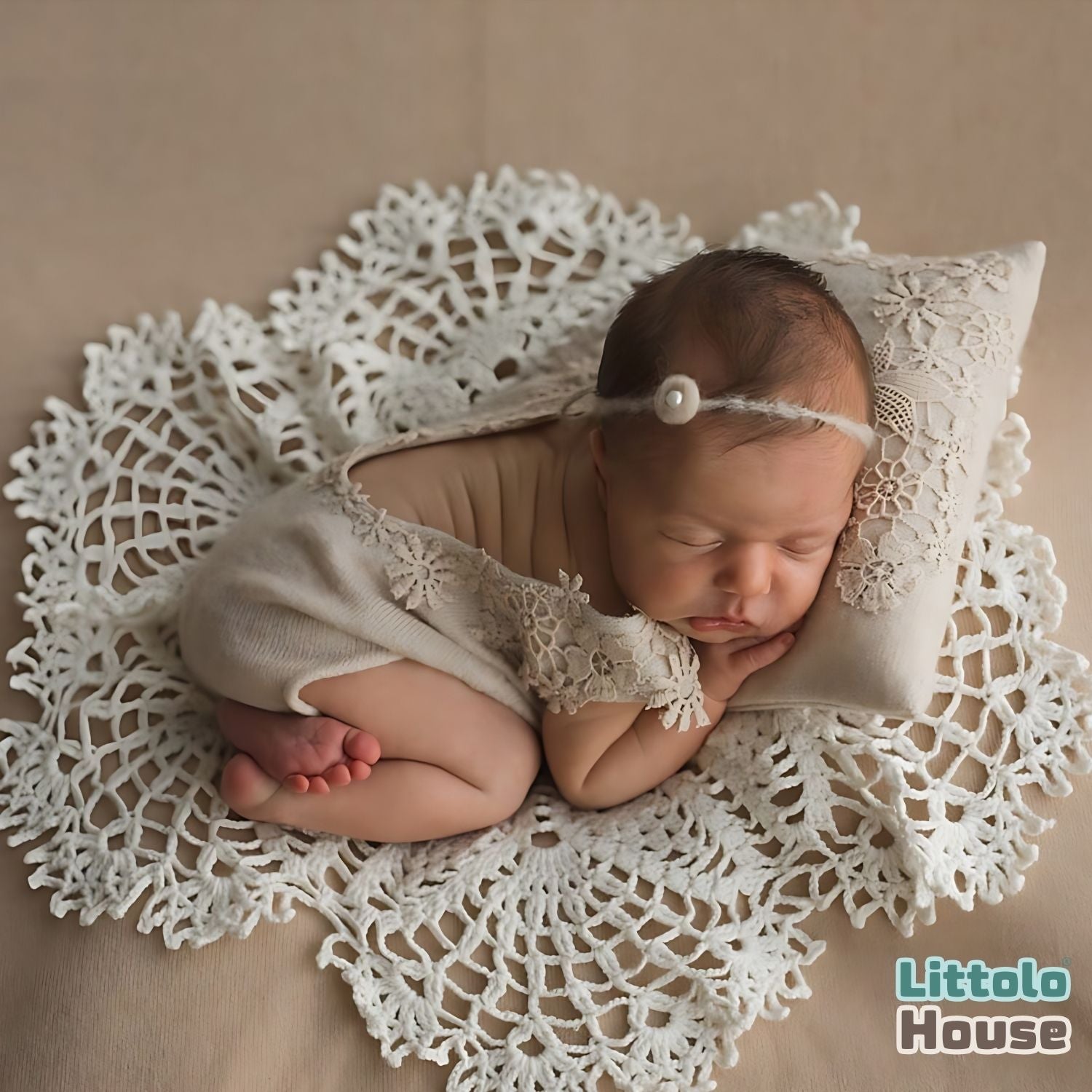 Baby Handmade Crochet Lace Round Doilies Layer with pillow SR093 | NB | Off White