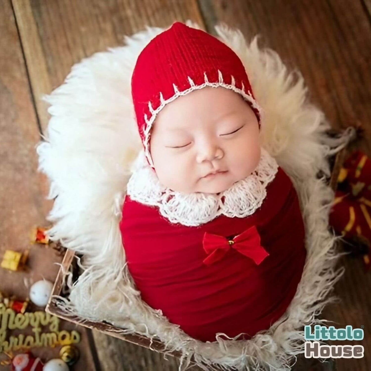 Jersey Stretch Wrap with Crochet Bib & Knit Bonnet Set SR099 | NB | Red