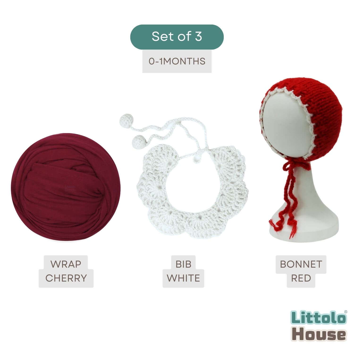 Jersey Stretch Wrap with Crochet Bib & Knit Bonnet Set SR099 | NB | Red