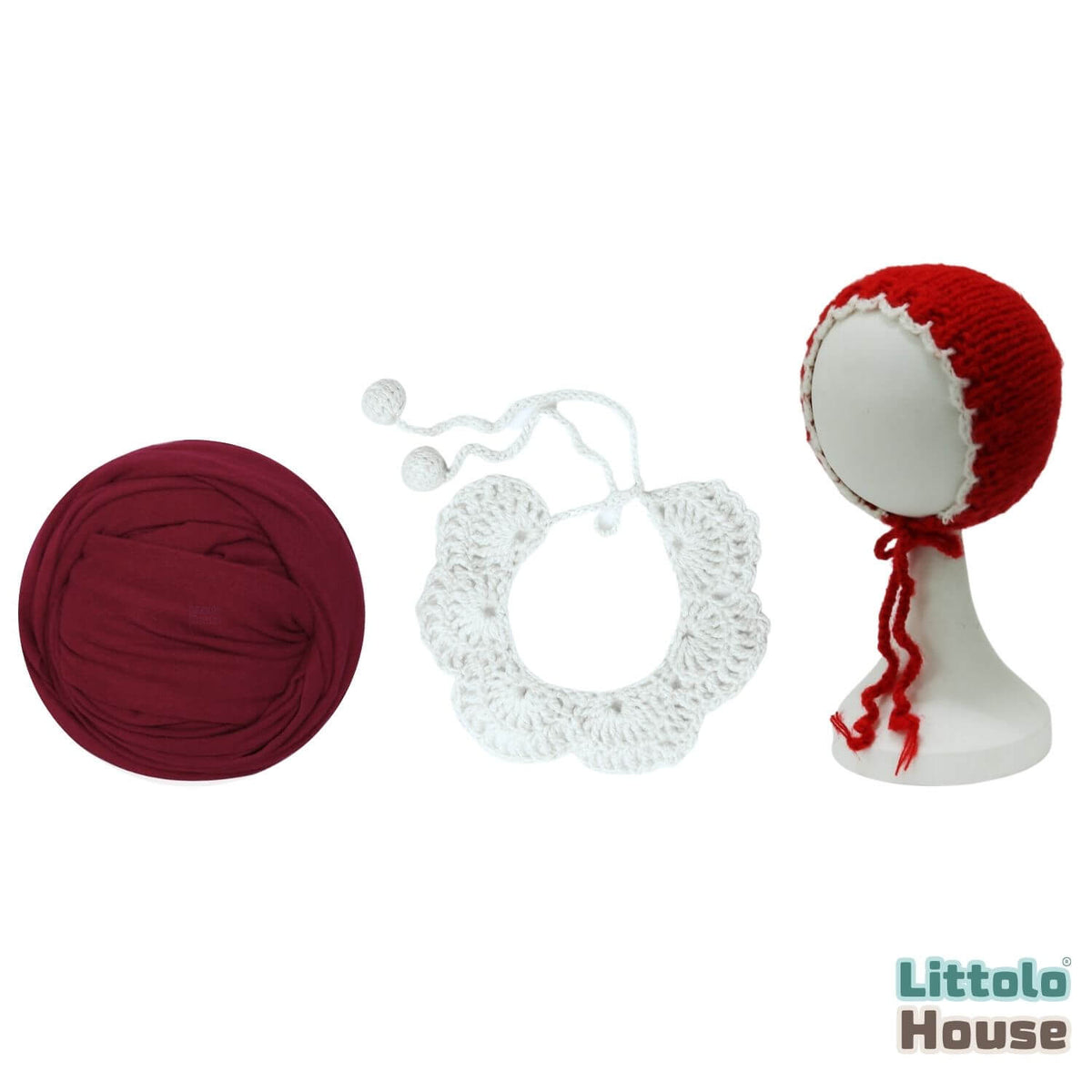Jersey Stretch Wrap with Crochet Bib & Knit Bonnet Set SR099 | NB | Red