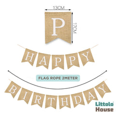 Happy Birthday Burlap Banner, Rustic Burlap Bunting Swallowtail Flags D082 Set of 1 | M | Khaki