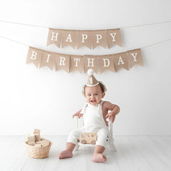 Happy Birthday Burlap Banner, Rustic Burlap Bunting Swallowtail Flags D082 Set of 1 | M | Khaki