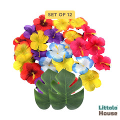 Artificial Hibiscus Flowers with Turtle Leaves & Turtle Leaves F091 | Pack of 12 | Multicolour