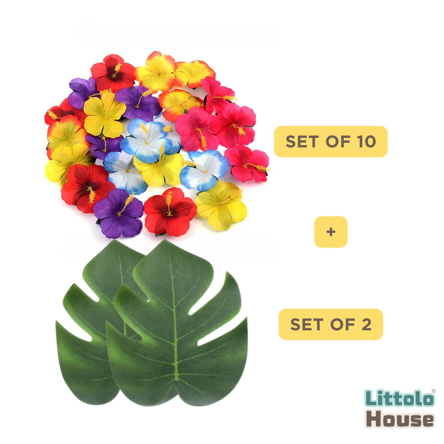 Artificial Hibiscus Flowers with Turtle Leaves & Turtle Leaves F091 | Pack of 12 | Multicolour