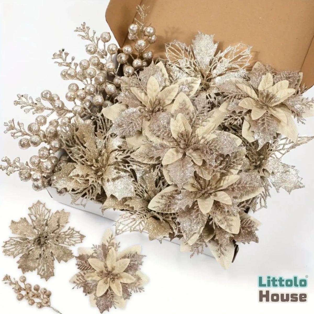 Artificial Glitter Poinsettia Flowers And Berries Stems Floral Decor Set F112 | Pack of 1 | Golden