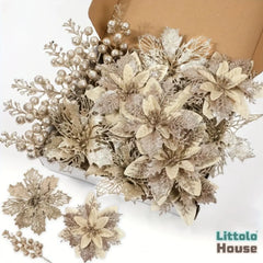 Artificial Glitter Poinsettia Flowers And Berries Stems Floral Decor Set F112 | Pack of 1 | Golden