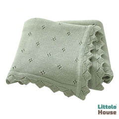 Elegant Lace Edge Knitted Blanket Layer L052 | Sage Green