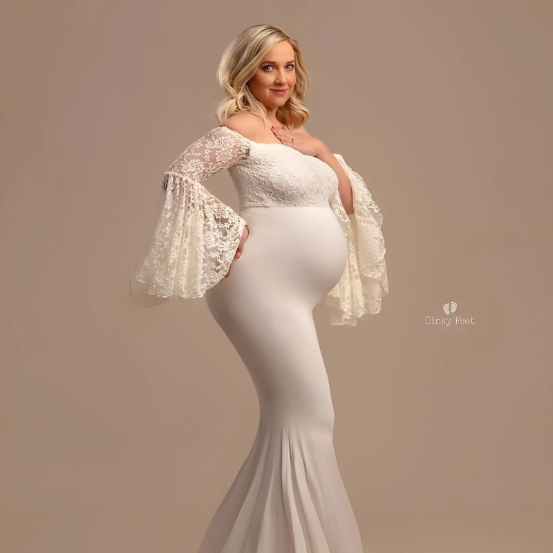 Mermaid Maxi Dress with Butterfly Bell Sleeves M027 Maternity Gown | L | White