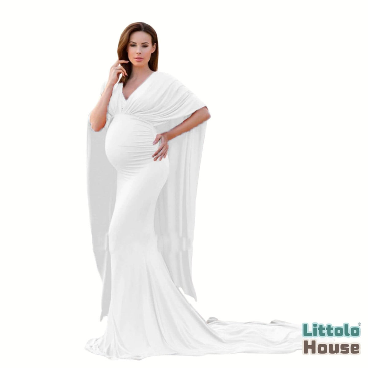 Premium Maternity Gown with Long Cape Sleeves M054 | L | White