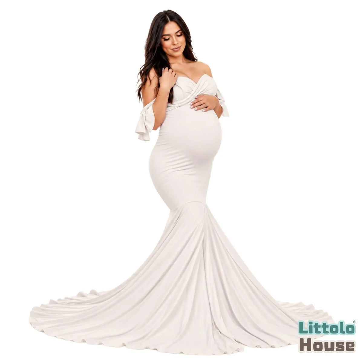 Off-Shoulder Maternity Mermaid Gown M059 | L | White
