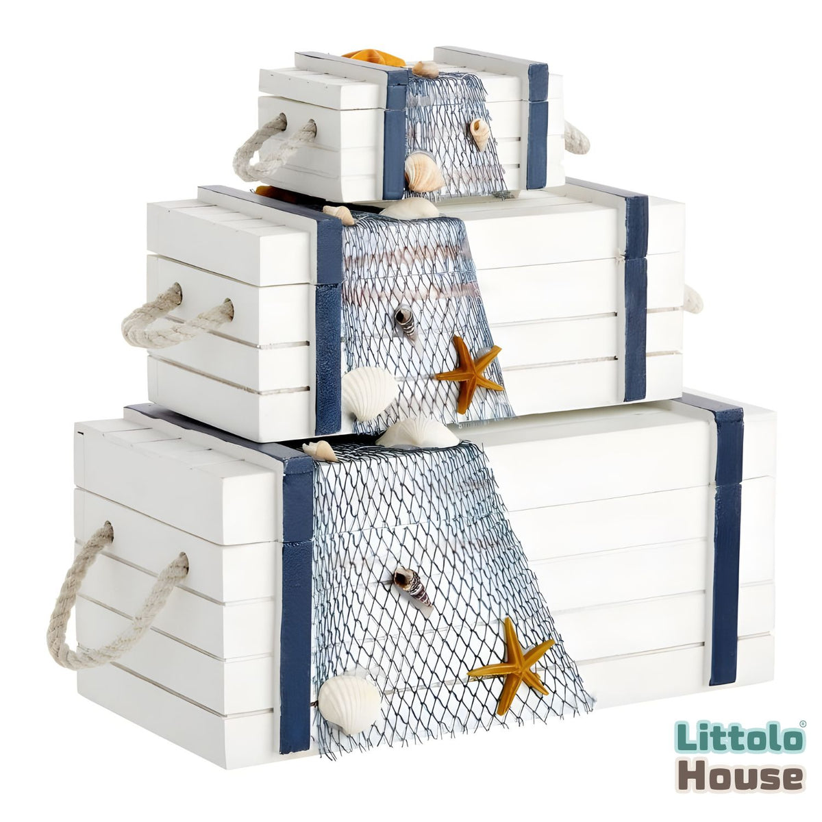 Mediterranean Sailor Theme Rustic Wooden Storage box Set of 3 D026 | Decorative Add-ons | White Blue