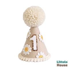 Baby 1st Birthday Floral Daisy Hat with Pom-Pom D167 | Pack of 1 | Light Brown