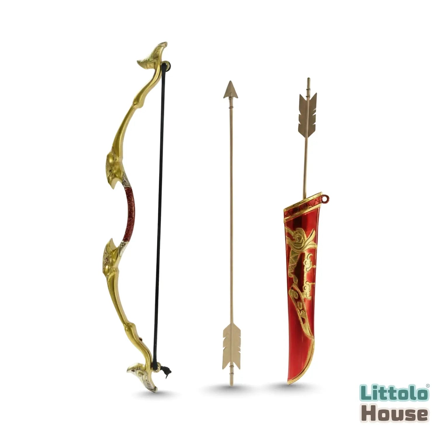 Mini Royal Warrior Metal Bow, Arrow & Quiver D175 | Red Golden