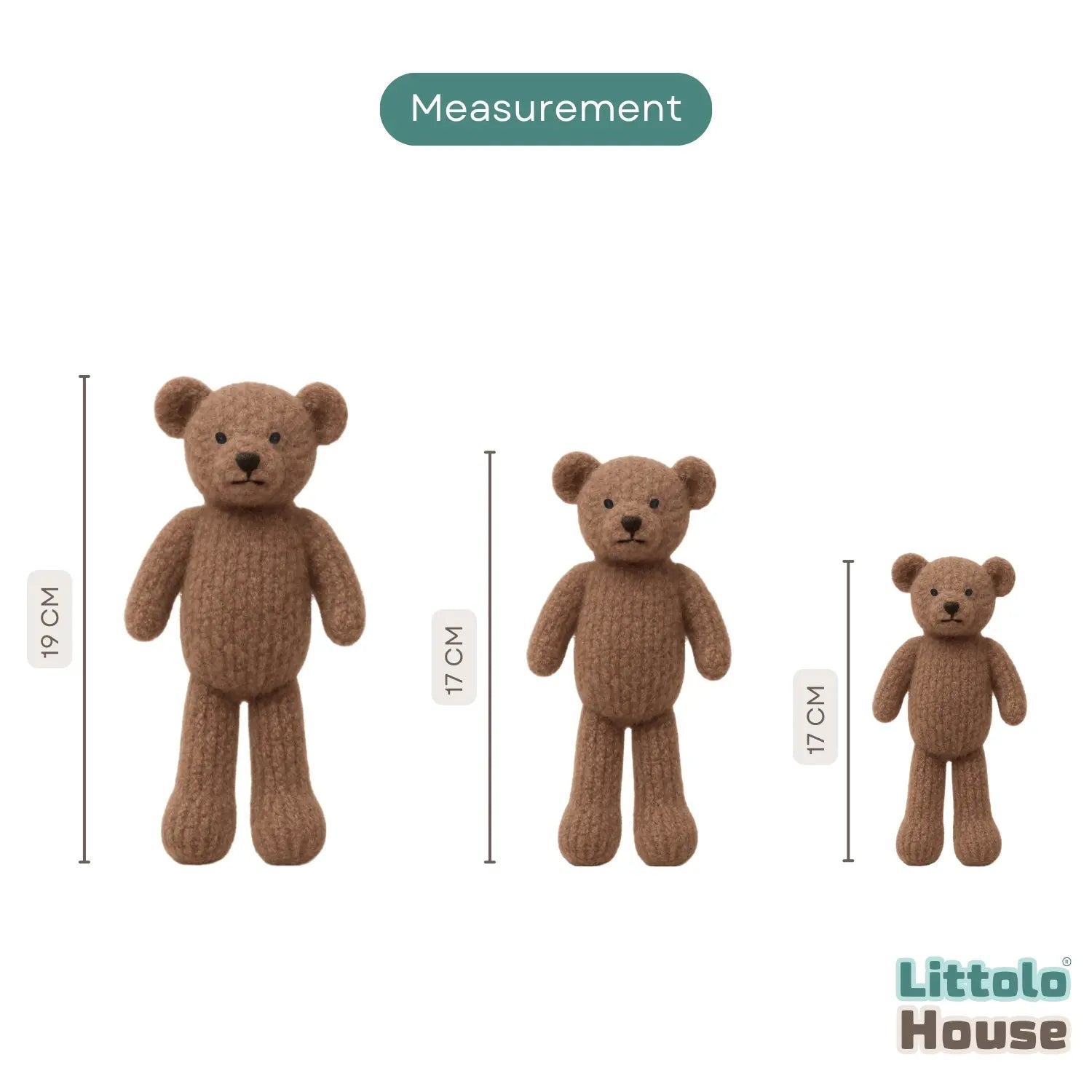 Hand-Knitted Bear Teddy Toy TY183 | Pack of 3 | Brown