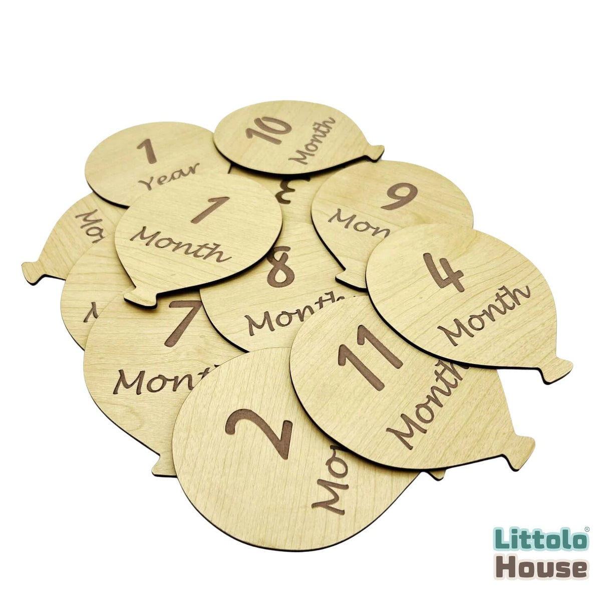 Milestone Cards Balloon Style Set of 12 | Wooden Decorative | Natural Wood