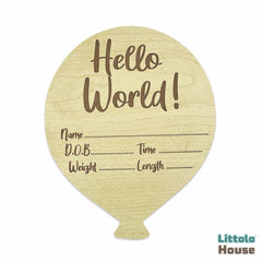 Balloon Style Hello World Milestone Card | Wooden Decorative | Natural Wood