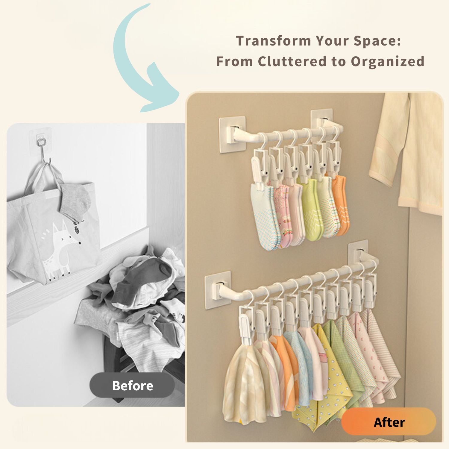 Organizer Multi-Functional Wall-Mounted Hanging Storage Rod Without Clips | Pack of 1 | White