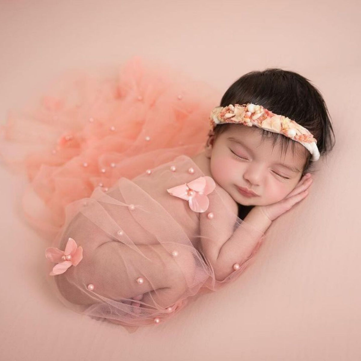 Attached Flower Net Wrap | Pink Peach