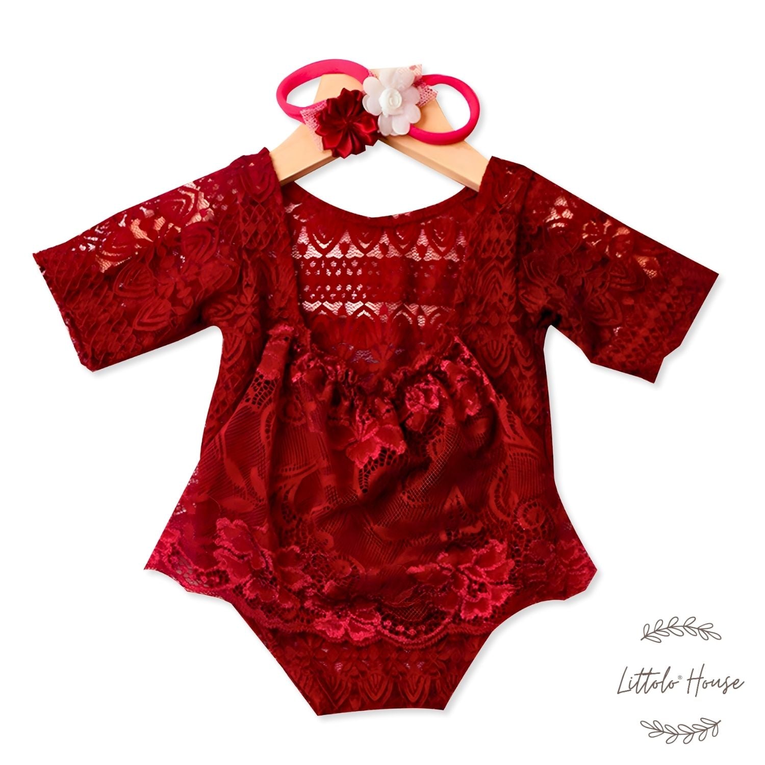 Baby Girl Lace Net Backless Romper with Hairband O109 | 2M | Maroon