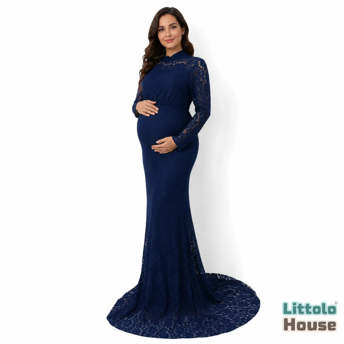 Lace Net Highneck Dress M043 | L | Denim