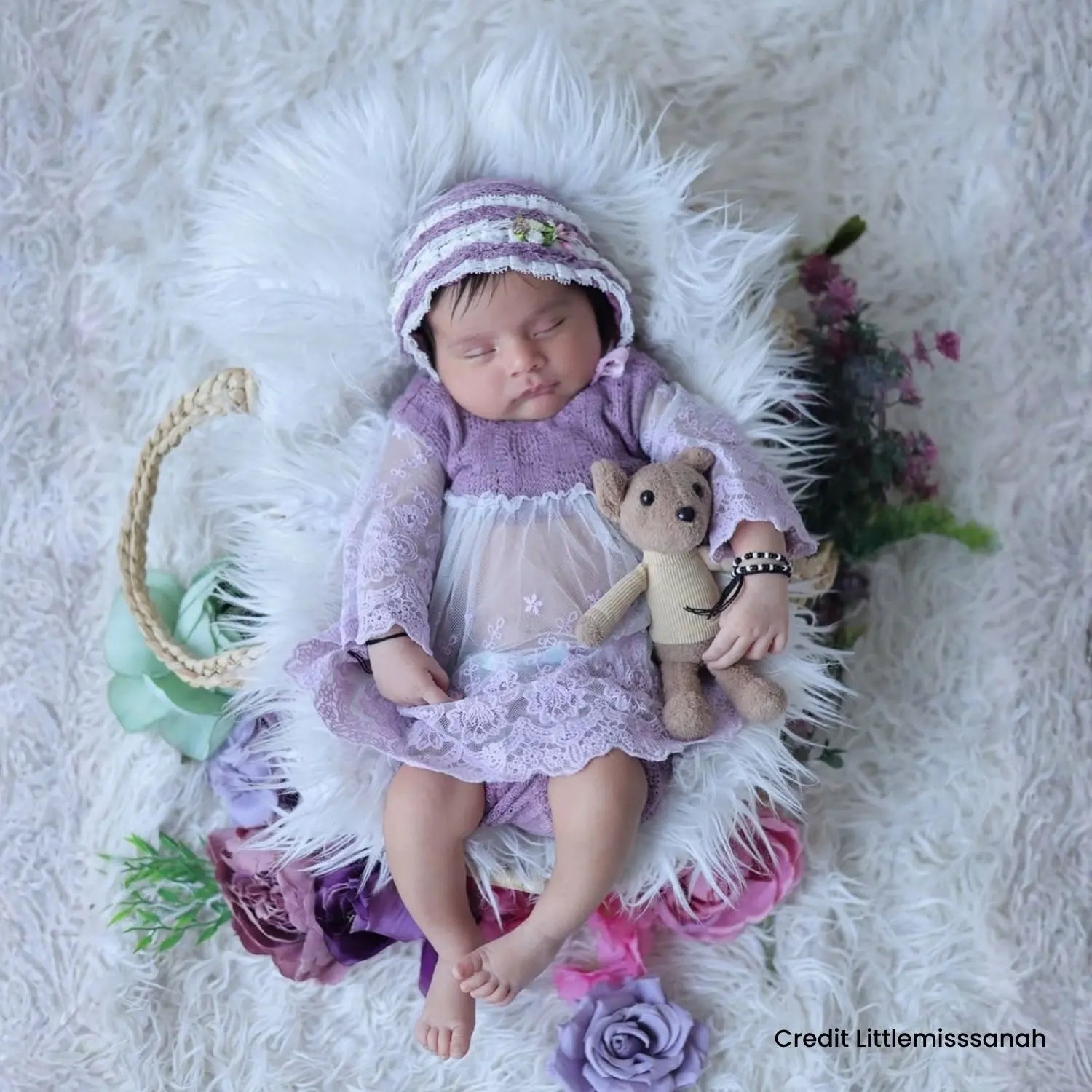 Baby Girl Knit Lace Frock with Lace Bonnet SR004 | Set of 2 | NB | Purple