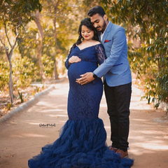 Long Lace Sleeves Maxi Dress M020 Maternity Gown | Denim