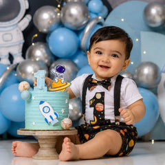 Baby 1st Birthday Cake Smash Romper and Suspender Shorts Set of 2 Outfit O079 | 1Y | Solar Print