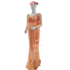 Long Lace Sleeves Maxi Dress M029 Maternity Gown | L | Peach