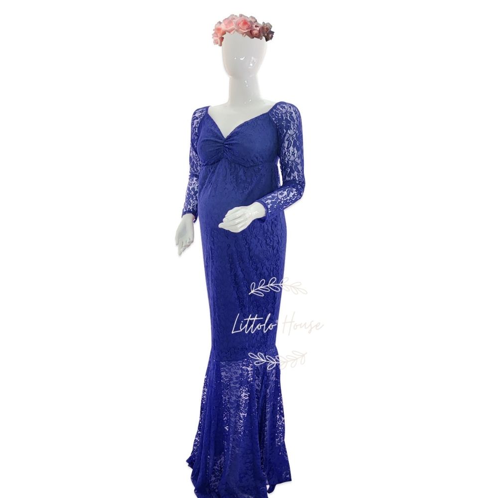 Long Lace Sleeves Maxi Dress M029 Maternity Gown | L | Royal Blue