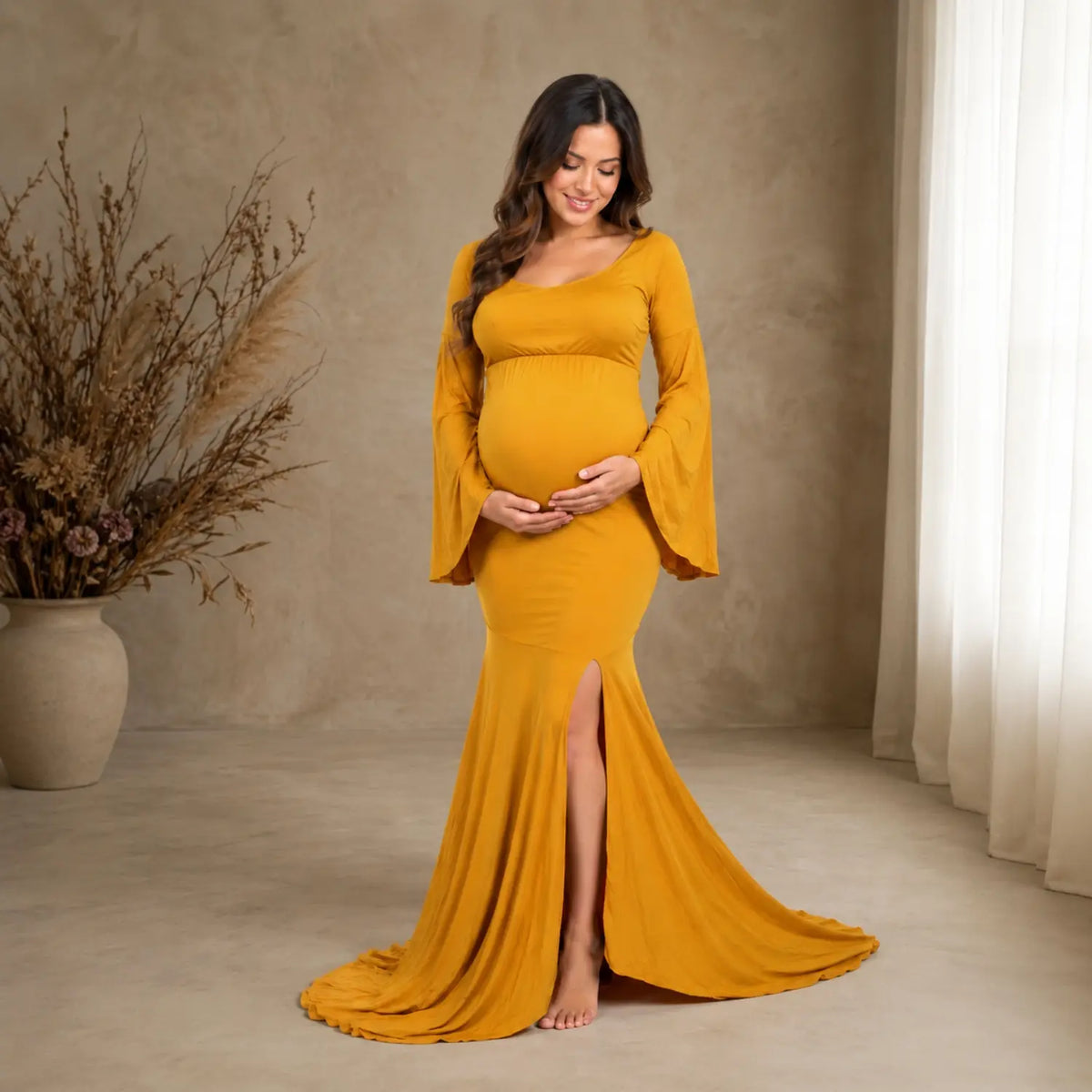 Long Bell Sleeves Gown M044 | M | Mustard