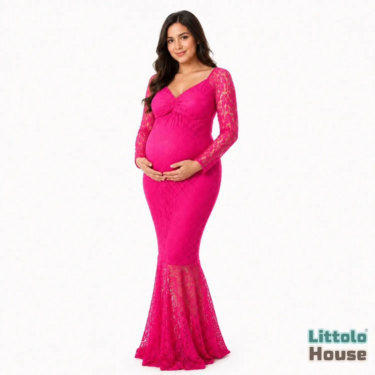 Long Lace Sleeves Maxi Dress M029 Maternity Gown | L | Dark Pink