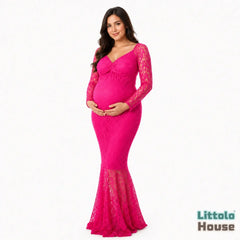 Long Lace Sleeves Maxi Dress M029 Maternity Gown | L | Dark Pink