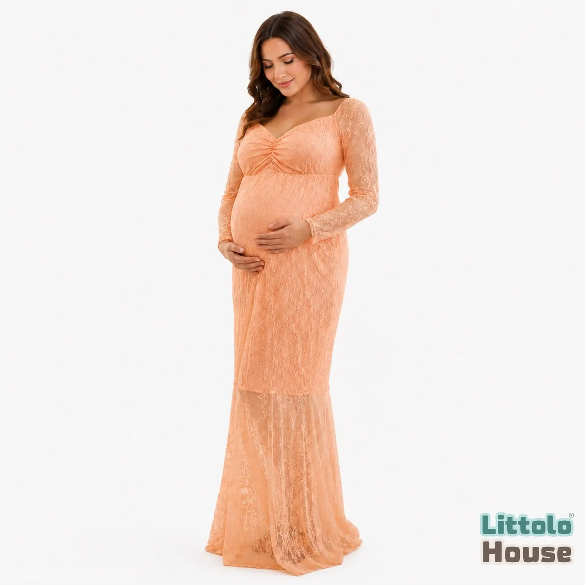 Long Lace Sleeves Maxi Dress M029 Maternity Gown | L | Peach