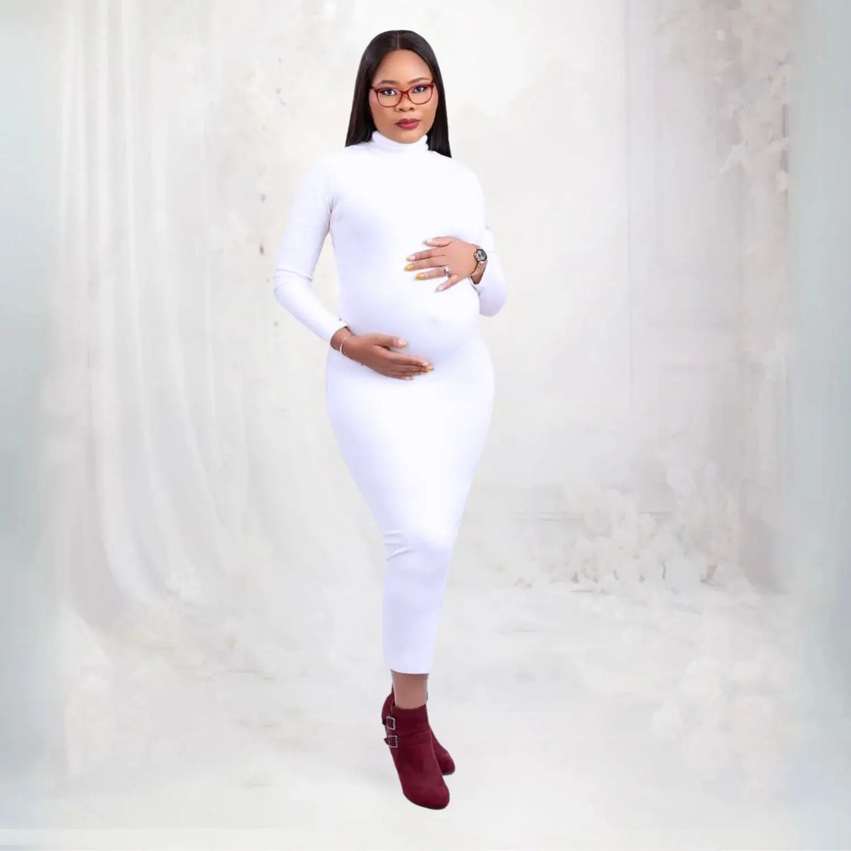 Turtle Neck Full Sleeves Maternity Gown M051 | L | White Blue
