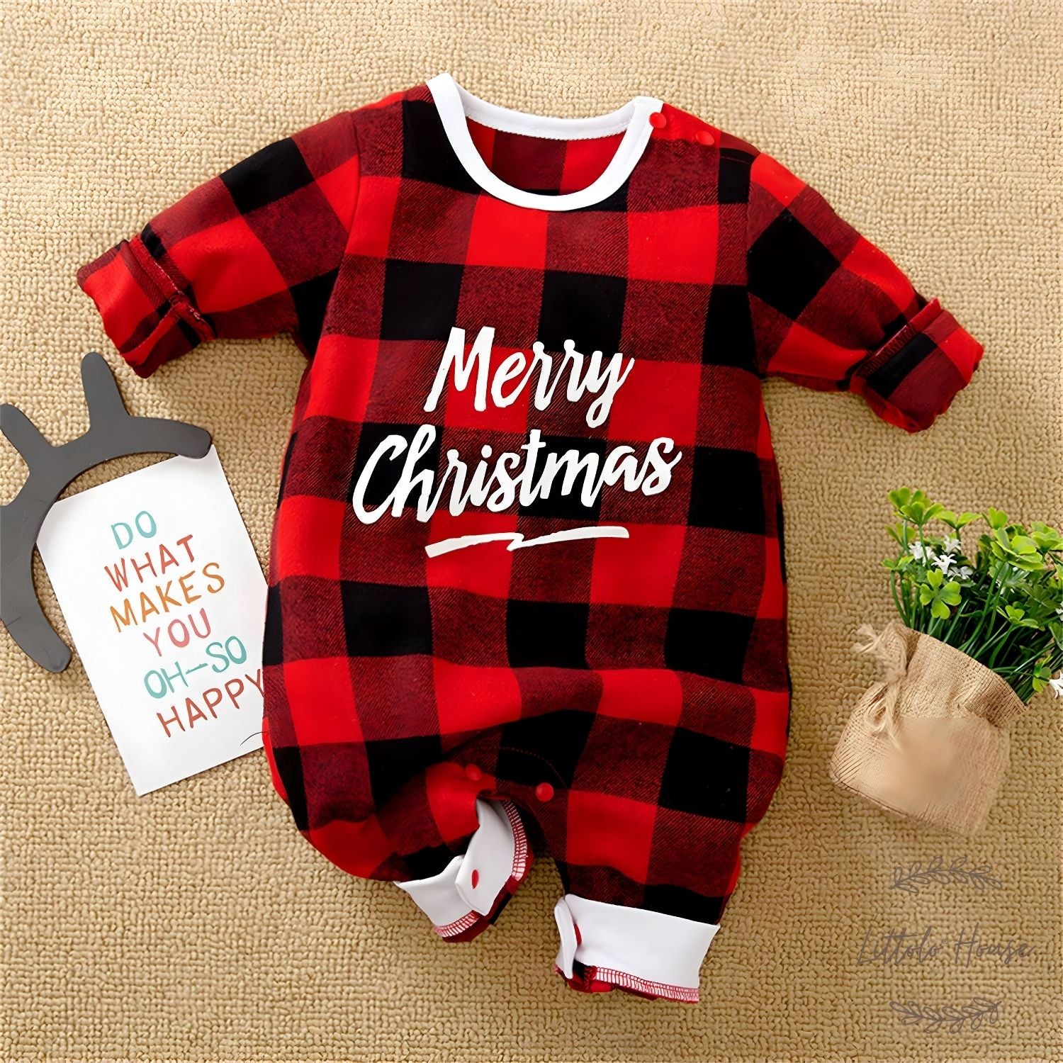 Baby Merry Christmas Checks Romper O105 | 9M | Red Black