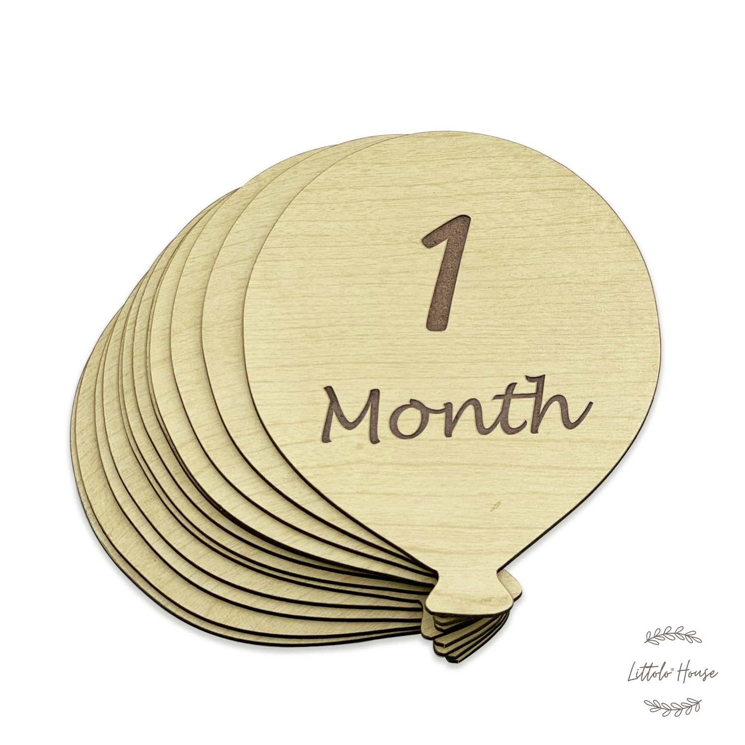 Milestone Cards Balloon Style Set of 12 | Wooden Decorative | Natural Wood