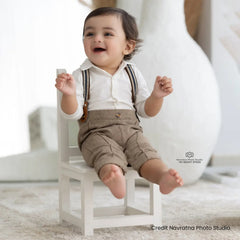 Baby Boy Suit Romper with Cap and Bow Tie Outfit O044 | 6M | White Brown