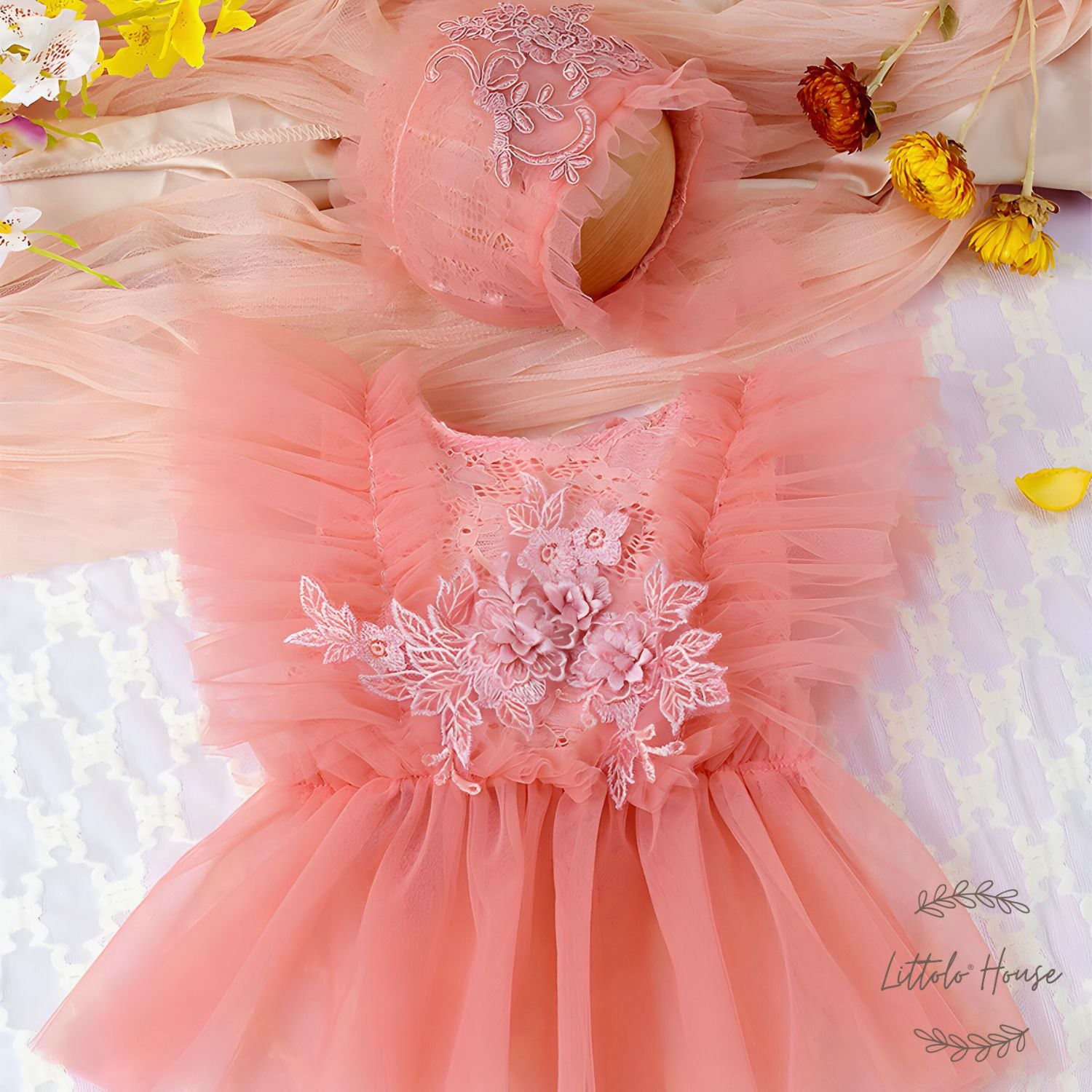 Baby Girl Net Frill Frock with Bonnet O132 | NB | Pink Peach