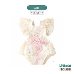 Baby Embroidery Romper with Flying Mesh Sleeves O030 | 1Y | Light Pink