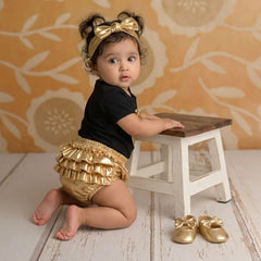 Baby Girl Birthday Cake Smash Outfit Black Romper and Golden Shorts with Booties and Hairband Set of 4 Outfit O069 | 1Y | Black Golden