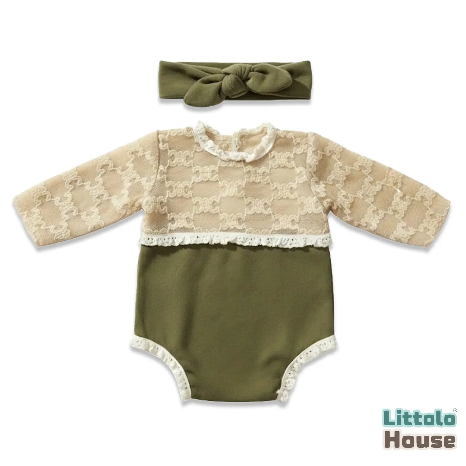 Baby Girl Stylish Dual Shade Romper with Hairband O128 | NB | Olive Green