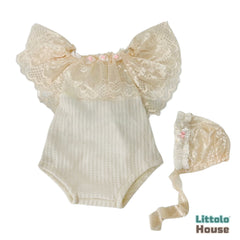 Baby Lace Romper with Lace Bonnet 0139 | NB | Shiny Cream