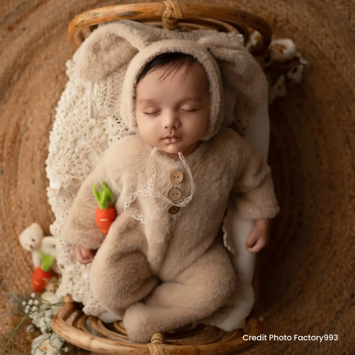 Baby Fur Romper with Rabbit Ears Bonnet O113 | 3M | Beige