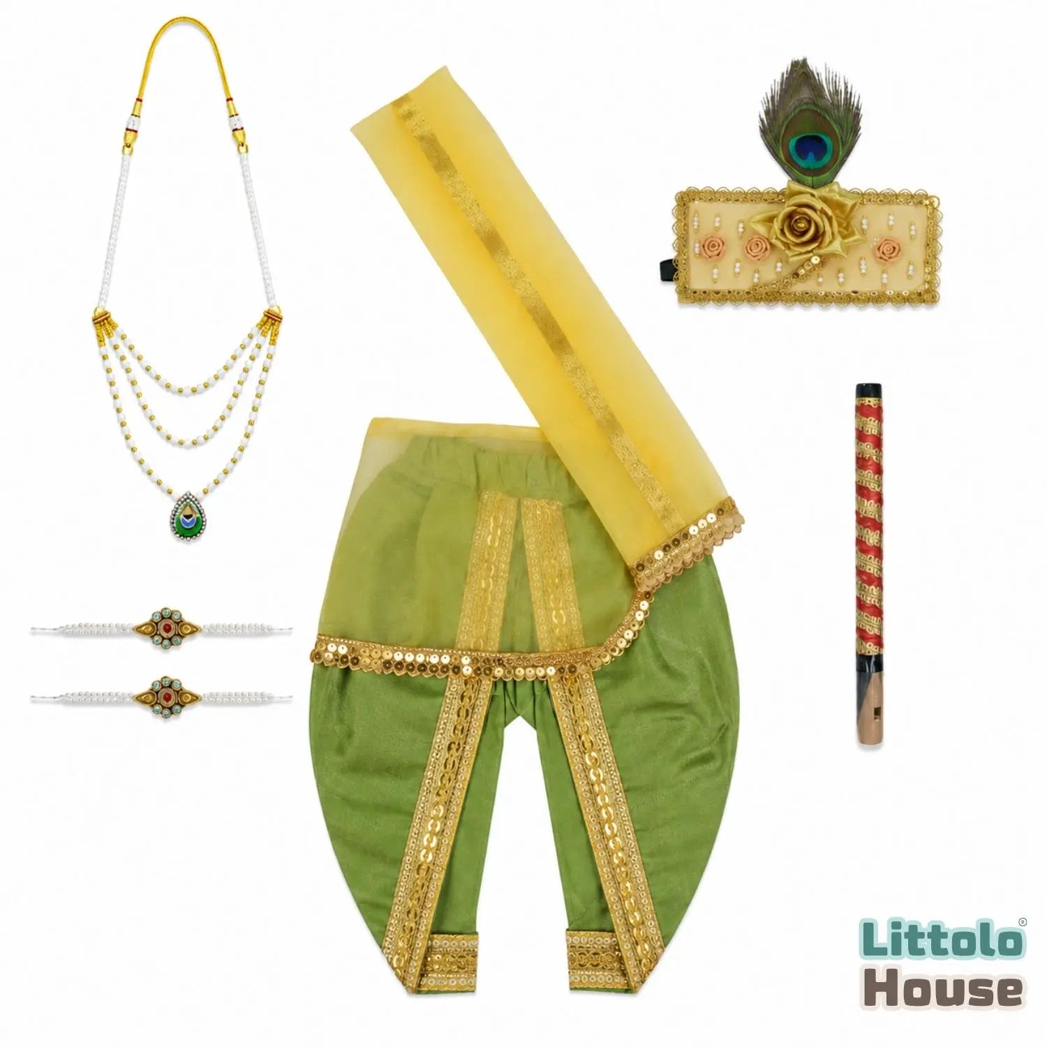Premium Krishna Janmashtami Costume with Accessories O223 | 1Y | Leaf Green