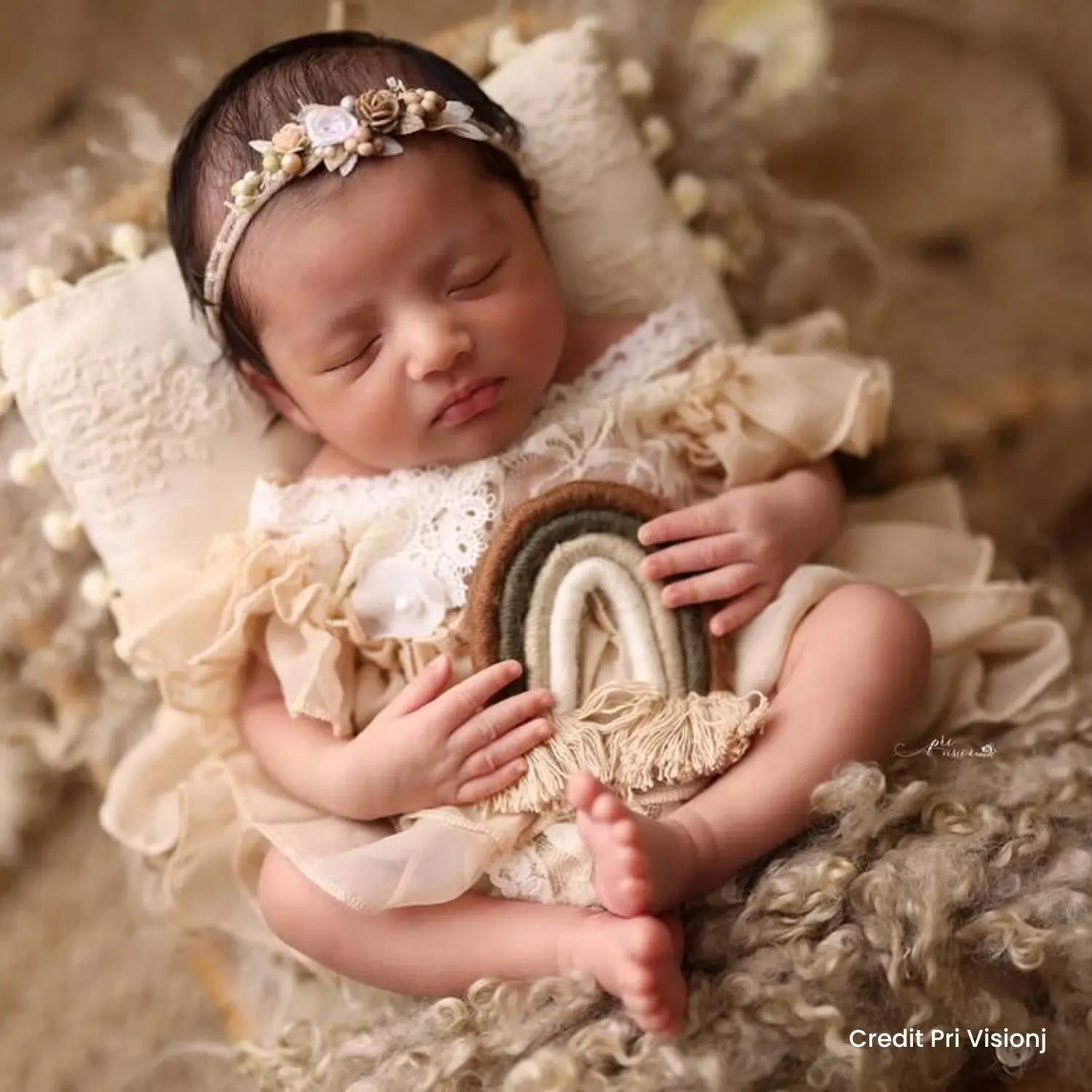 Baby Girl Lace Frill Frock with Bonnet Posing Aid and Botties SR030 | Set of 4 | 2M | Cream