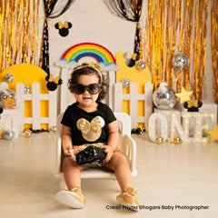 Baby Girl Birthday Cake Smash Outfit Black Romper and Golden Shorts with Booties and Hairband Set of 4 Outfit O069 | 1Y | Black Golden