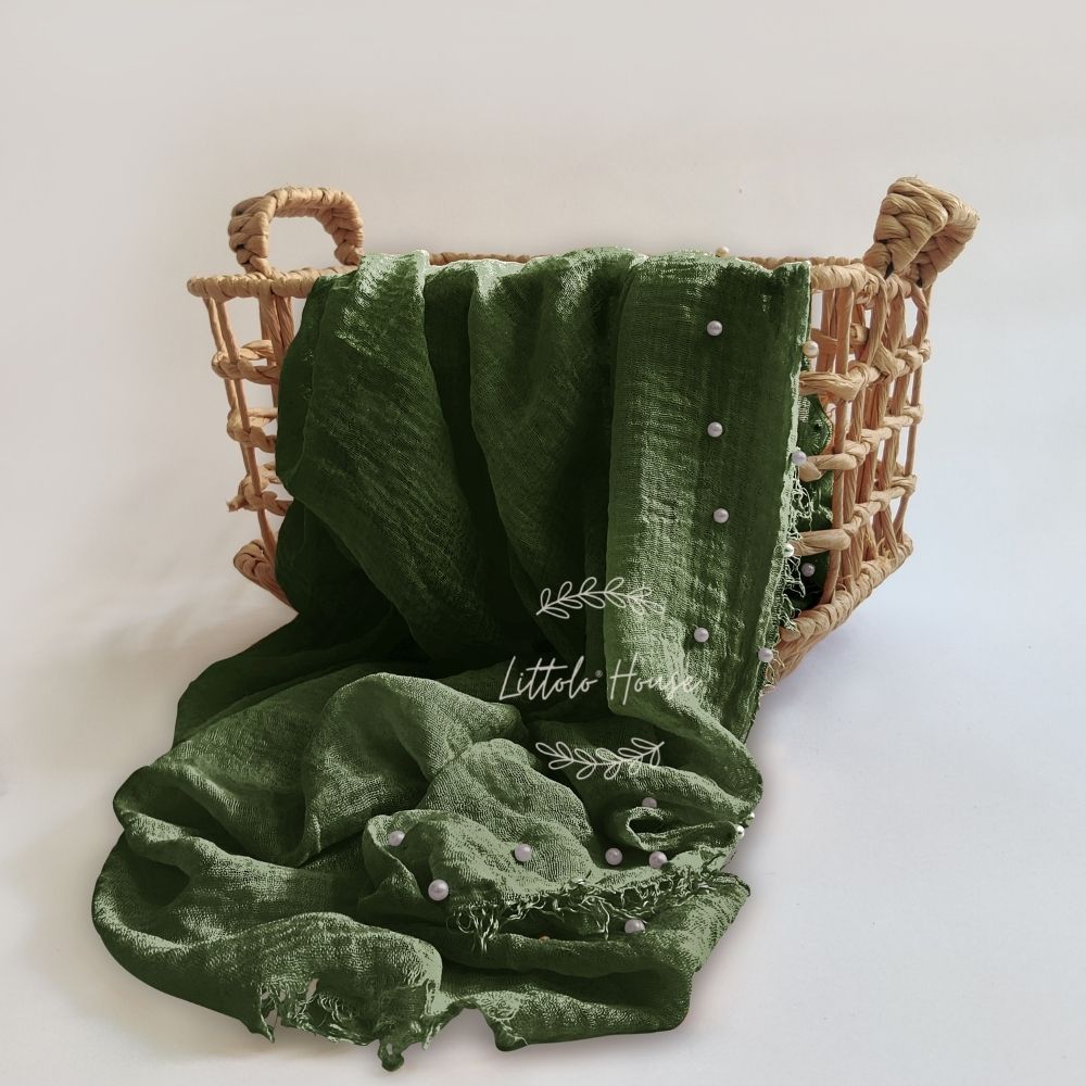 Raw Edge Chiffon Pearl Draping Wrap | Leaf Green