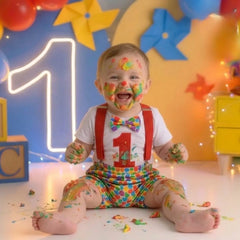 Baby 1st Birthday Cake Smash Romper and Suspender Shorts Set of 2 Outfit O079 | 1Y | Caterpillar Print