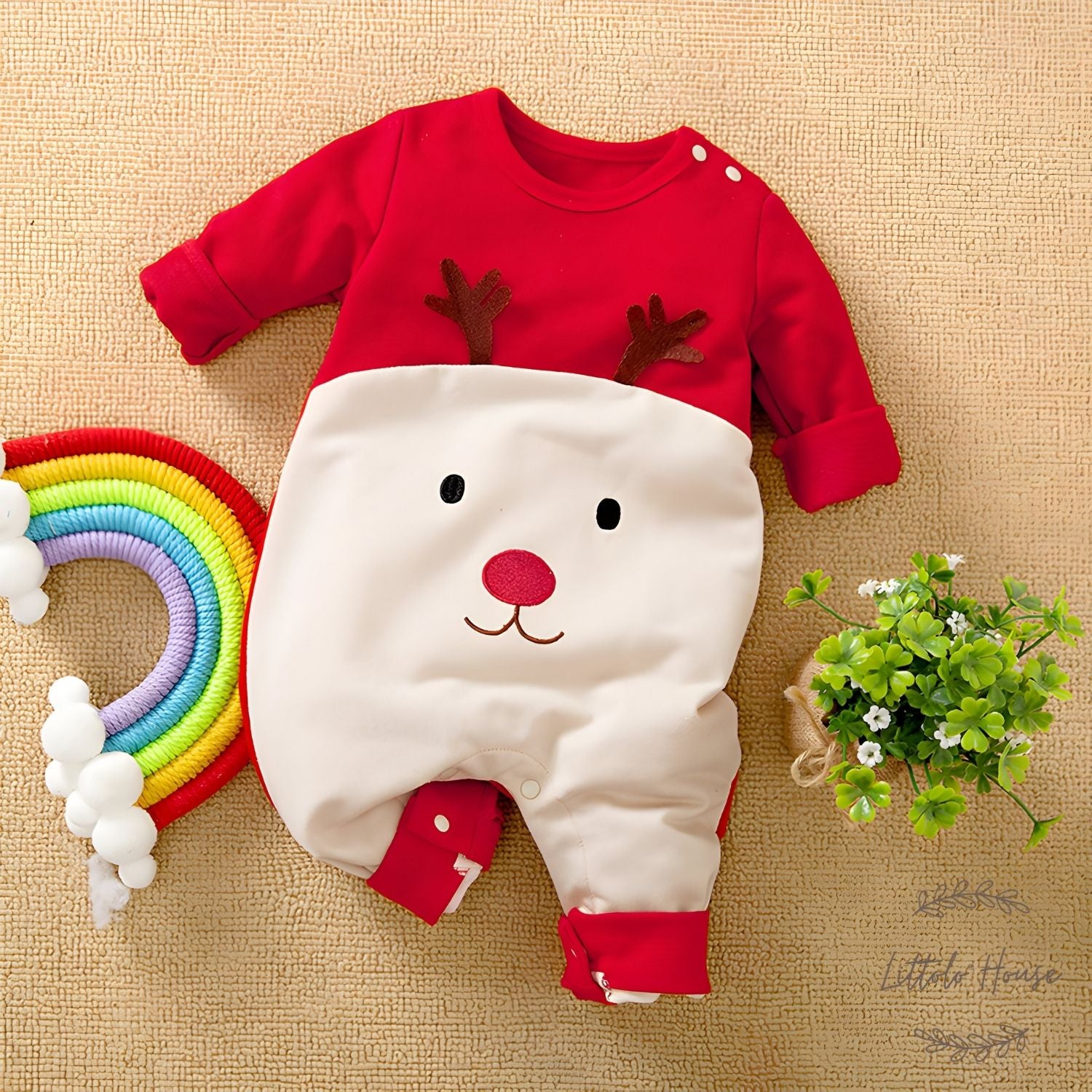 Baby Rudolph Deer Romper O106 | 6M | Beige Red