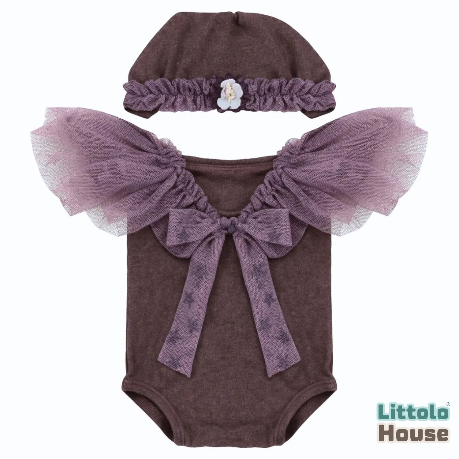 Baby Girl Romper Dress and Bonnet SR008 | Set of 2 | NB | Brown